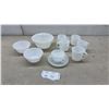 Image 1 : 3 Federal Glass White Milk Glass Mixing Bowls, 4 Iridescent Mugs, Cup with Saucer