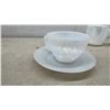 Image 7 : 3 Federal Glass White Milk Glass Mixing Bowls, 4 Iridescent Mugs, Cup with Saucer