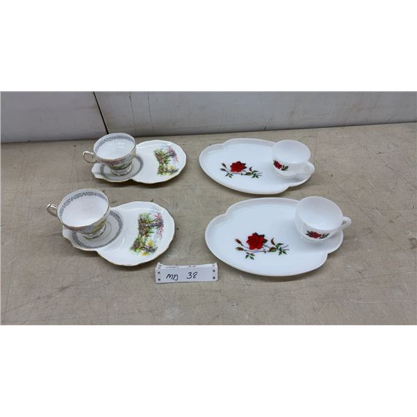 Queen Anne Royal Kew Gardens Bone China Snack Sets and Federal Glass Rose Sets