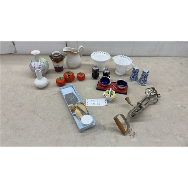 Assorted Ceramic Vases, Milk Glass Compotes, Salt and Pepper Shakers, and More