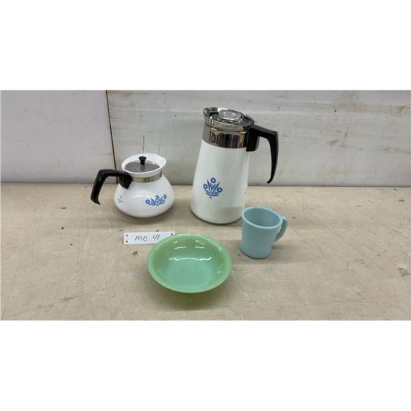 Corning Ware Cornflower Blue Coffee Percolator, Teapot, Fire King Mug, Jadeite Bowl, Coffee Mug