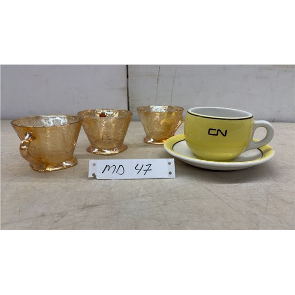 CN Railway Teacup and Saucer by Grindley Hotelware and 3 Amber Depression Glass Cups