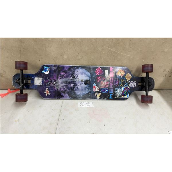 Mercer Drop-Through Longboard with Purple Wolf Graphic and Stickers