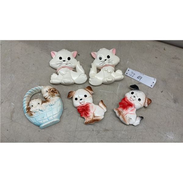 Vintage Chalkware Wall Plaques, White Cats and Puppies with Bows, Set of Five