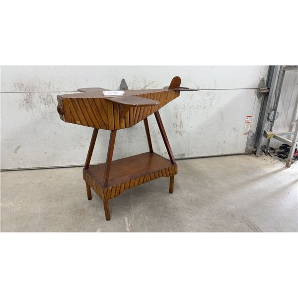 Vintage Wooden Airplane-Shaped Occasional Table with Hidden Drawer and Lower Shelf, 27 x 31 x 31"