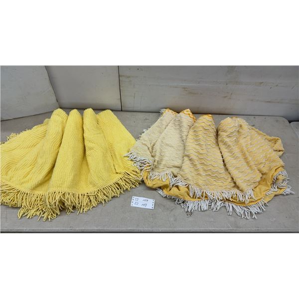 Vintage Yellow Chenille Bedspreads with Fringe, Set of Two