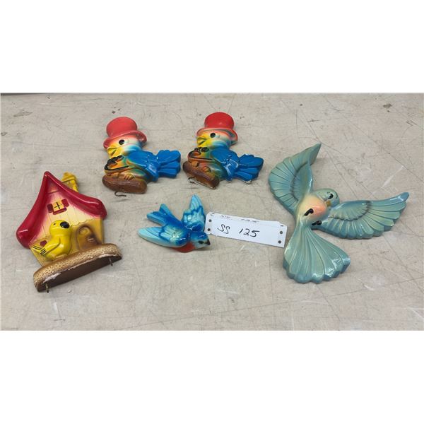 Vintage Chalkware Wall Plaques with Bluebirds in Top Hats, Birdhouse, and More