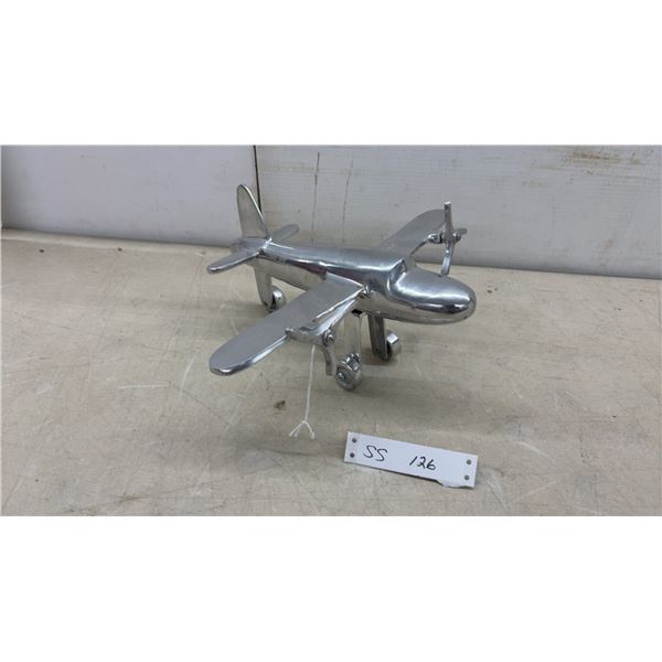 Polished Aluminum Twin-Engine Propeller Airplane Model with Fixed Landing Gear, 6 x 13 x 12"