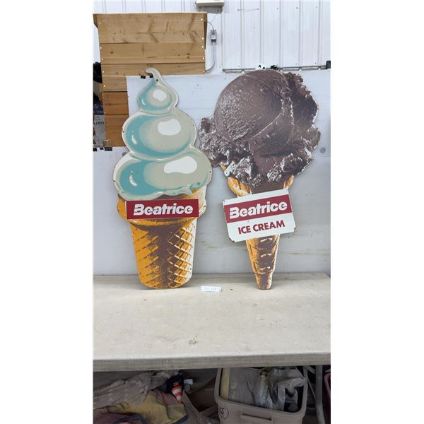 Two Beatrice Ice Cream Painted Advertising Signs, Soft-Serve and Chocolate Scoop Cone Designs, 47"