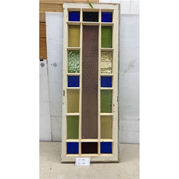Antique Wood-Framed Stained Glass Window Sash with Blue, Green, and Amber Textured Panes, 48 x 17"