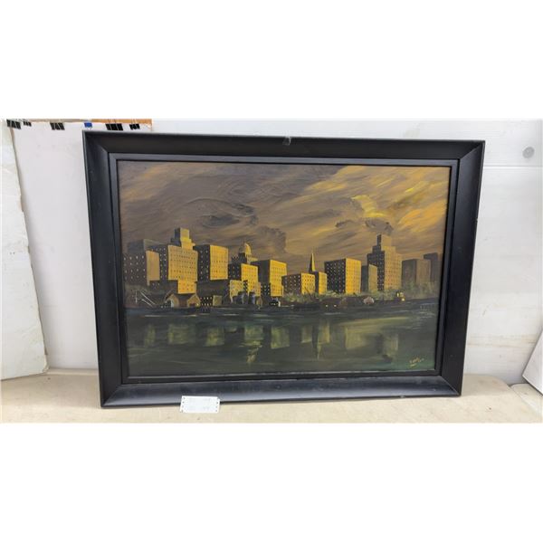F. Orne Cityscape Oil Painting, City Skyline with Water Reflections, 1972, 29 x 41"