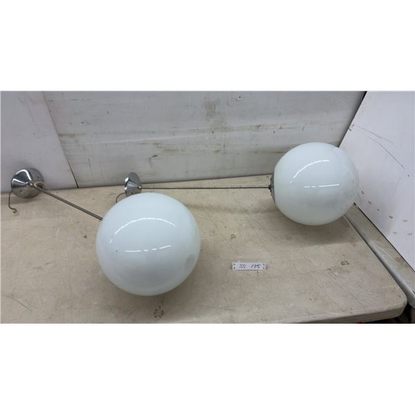 Pair of Chrome and White Opal Glass Globe Pendant Lights, Crack on 1 Globe