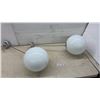 Image 1 : Pair of Chrome and White Opal Glass Globe Pendant Lights, Crack on 1 Globe