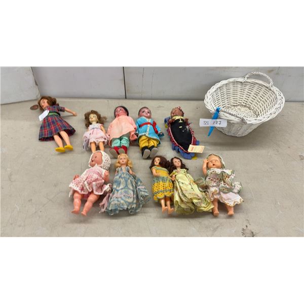 Ideal Tammy and Pepper Dolls with Assorted Vintage Dolls, White Wicker Basket, and More