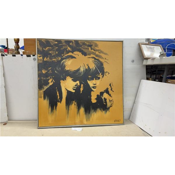 N. Merley Mid-Century Modern Painting of Two Stylized Figures on Canvas, Framed, 37 x 37"