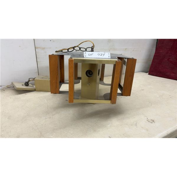 Vintage 1970s Nova-Style Pendant Light Fixture with Brass, Teak, and Smoked Glass Panels