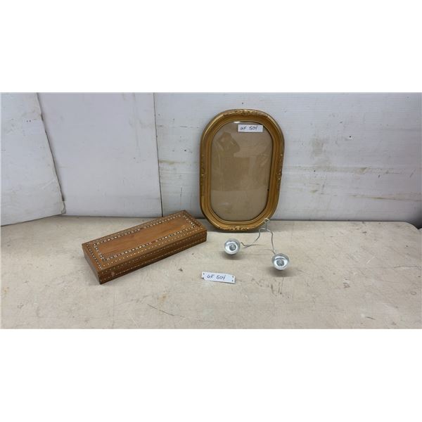 Vintage Gold-Tone Oval Convex Picture Frame18 x 12" Inlaid Wooden Box, and Metal Candle Holder