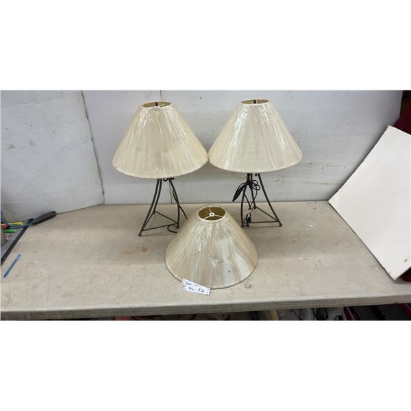 Pair of Tripod Table Lamps with Metal Bases and Fabric Shades and Extra Shade, 26" High