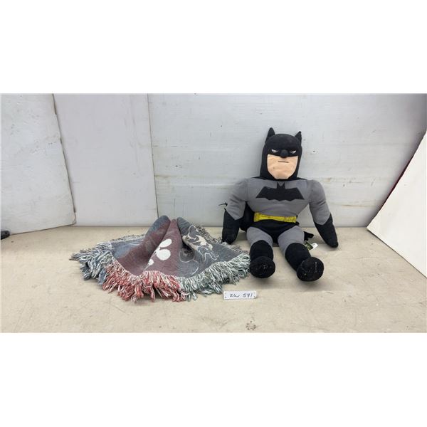 Batman Plush Toy 32" Tall and Mickey Mouse Woven Tapestry Throw Blanket with Fringed Edges