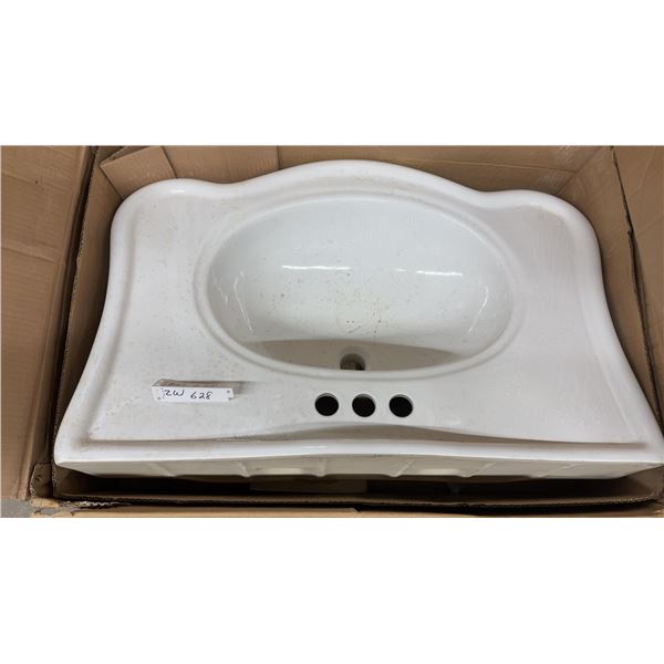 White Ceramic Pedestal Lavatory Sink with Decorative Scalloped Edge and Centerset Faucet Holes