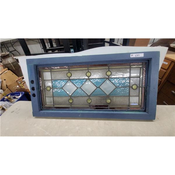 Antique Stained Glass Window Panel with Beveled Diamonds in Blue Wooden Frame 40 x 20"
