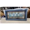 Image 1 : Antique Stained Glass Window Panel with Beveled Diamonds in Blue Wooden Frame 40 x 20"