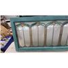 Image 4 : Antique Leaded Stained Glass Window Panel with Green Painted Wood Frame 48 x 20"