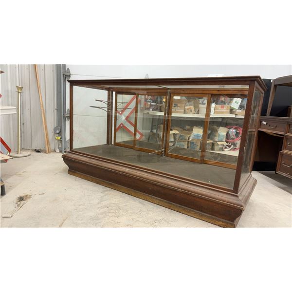 Antique Oak and Glass General Store Display Case with Sliding Doors and 2 Glass Shelves, 41 x 28 x
