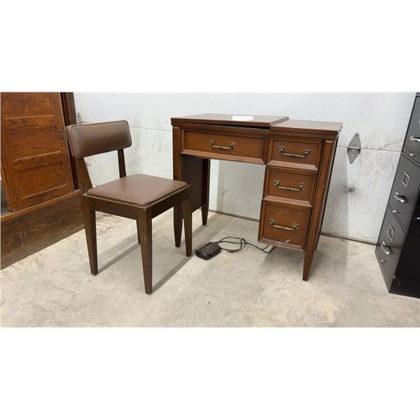 Singer Touch and Sew Model 750 Sewing Machine in Wooden Cabinet with Chair