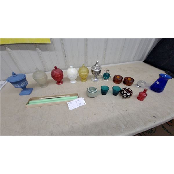 Wedgwood Jasperware Blue Lidded Urn, Assorted Glass Compotes, Candles, and More