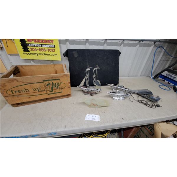 Vintage 7UP "Fresh Up" Wooden Soda Crate and Ship Mantel Display Some Good Some Need Tune Up