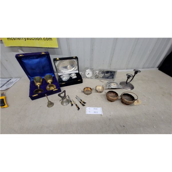 Brass Goblet Set in Velvet Case, Silver-Plated Serving Pieces, Clocks, Bells, and More