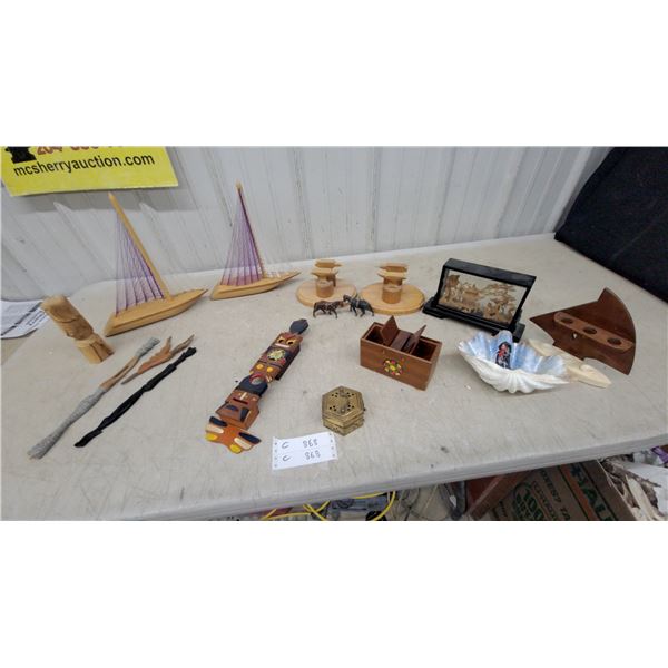 Wooden String Art Sailboat Sculptures, Painted Totem Pole, Miniature Desk, and More