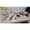 Image 1 : Wooden String Art Sailboat Sculptures, Painted Totem Pole, Miniature Desk, and More