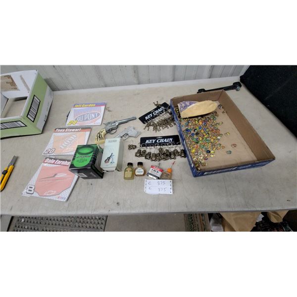 Vintage Glass Marbles with Pouch, NASCAR Collectibles, Keychains, Toy Cap Pistols, and More