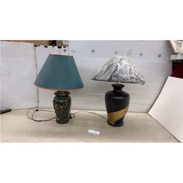 Two Ceramic Table Lamps, Green with Gold Pattern and Black with Gold Accent, Tallest 28"