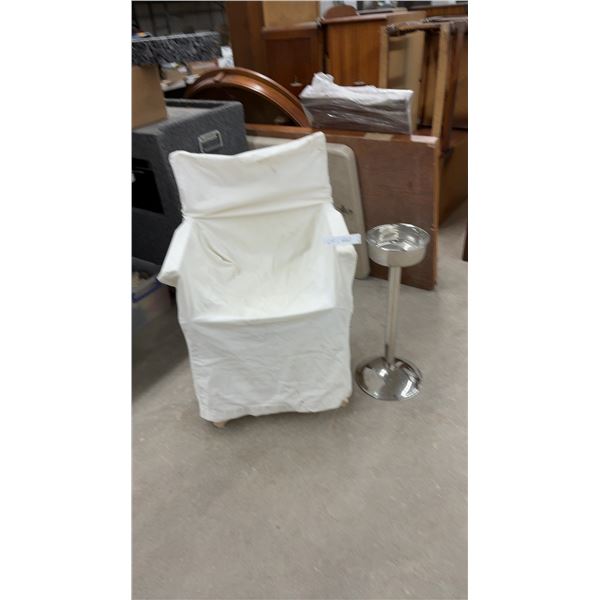 White Slipcovered Compact Folding Chair with Light Wood Frame & Chrome Ashtray
