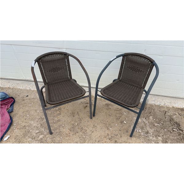 Pair of Dark Brown Woven Synthetic Wicker Patio Armchairs with Metal Frames