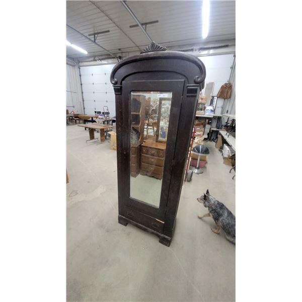 Antique Dark-Stained Wooden Armoire with Mirrored Door and Carved Shell Motif 78 x 30 x 18"