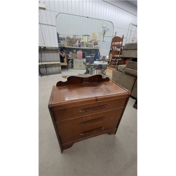 Vintage Art Deco Waterfall Style Three-Drawer Dresser with Mirror on Casters 65 x 37 x 17"
