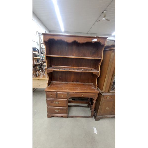 Traditional Dark Wood Desk with Integrated Hutch, Three Drawers, and Two-Shelf Display 71 x 44 x