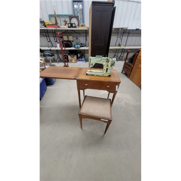 Singer 401A Slant-O-Matic Sewing Machine in Cabinet with Stool, Circa 1960