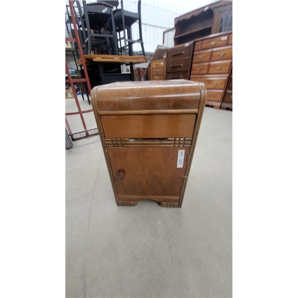 Art Deco Waterfall Nightstand with Drawer Walnut Veneer, Circa 1930s-1940s 24 x 15 x 13"