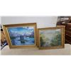 Image 1 : Two Framed Landscape Paintings, Lake with Mountains and River with Hills Scenes Biggest 23 x 29"