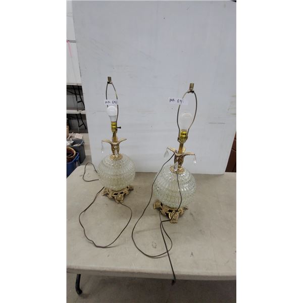 Pair of Vintage Mid-Century Clear Faceted Glass Table Lamps with Crystal Prisms