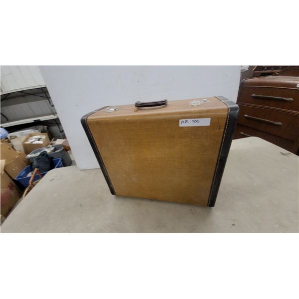 Vintage Mid-Century Garment Wardrobe Suitcase with Brown Textured Exterior and Metal Latches