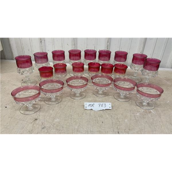 King's Crown 21 Pieces Thumbprint Cranberry Flash Style Goblets, Sherbet Dishes, and More