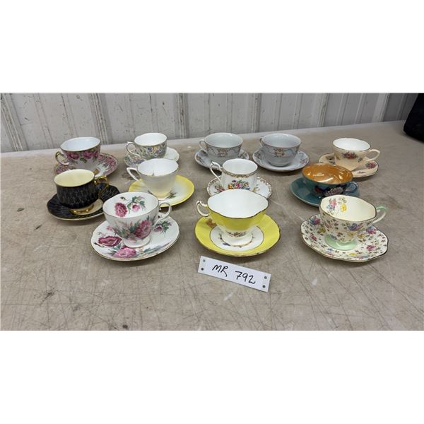 Collection of Twelve Vintage Bone China Teacup and Saucer Sets