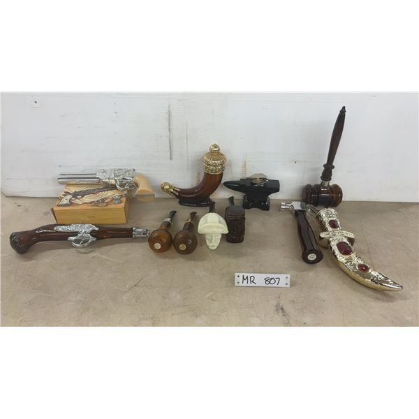 Avon Collectible Decanters Including Wild Country Pipe, Derringer Pistol, Gavel, and More