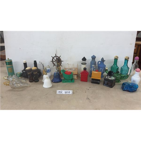 Vintage Avon Novelty Decanters Including Bewitching Cauldrons, Hobnail Bells, and More